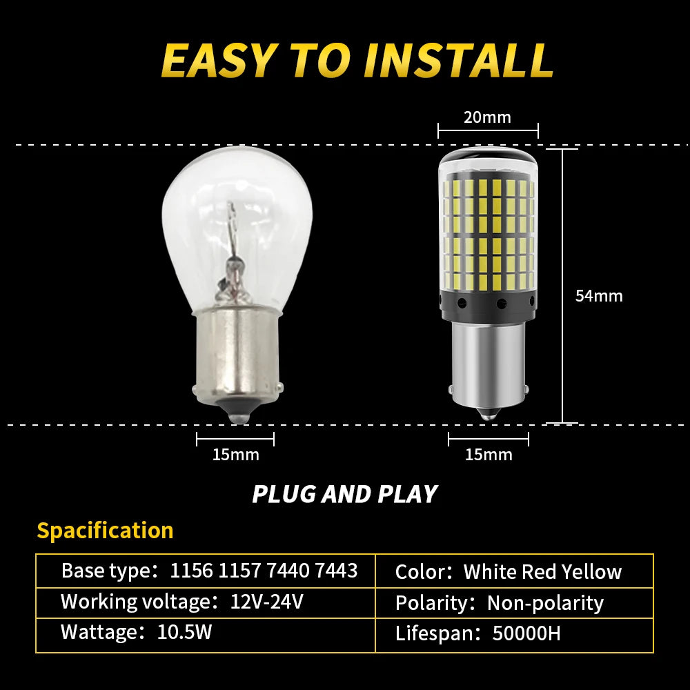 2PCS 1156 BA15S LED CANBUS 3014 144 SMD 1157 BAY15D P21/5W 7440 T20 7443 Turn Signal Light Reversing Lights Brake Lamp 12V White