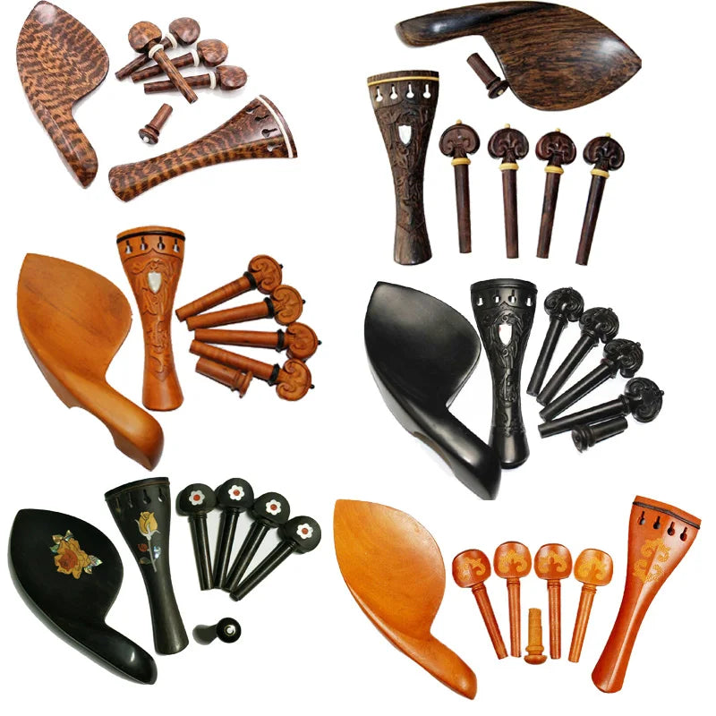 1 Set 4/4 Natural Color Ebony Violin Accessories Fiddle Pegs+Chin Rest+Tailpiece+Endpin+Finetuner+bracket