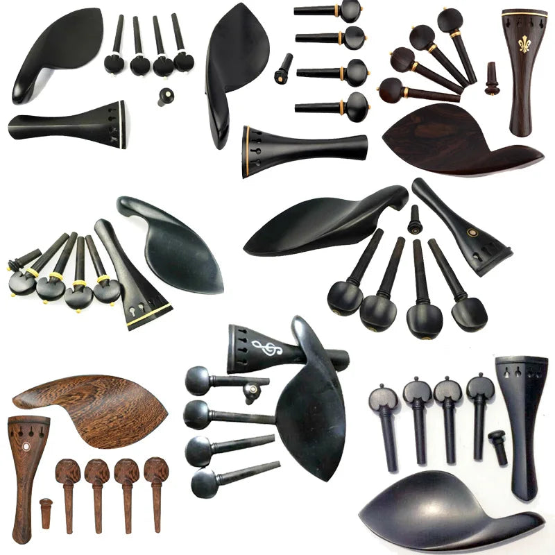 1 Set 4/4 Natural Color Ebony Violin Accessories Fiddle Pegs+Chin Rest+Tailpiece+Endpin+Finetuner+bracket
