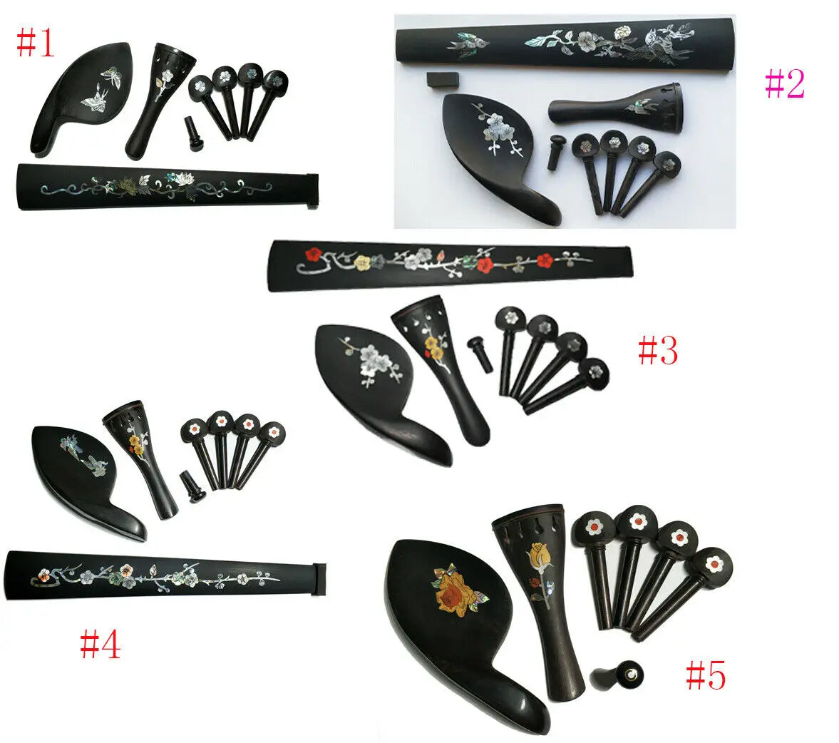 1 Set 4/4 Natural Color Ebony Violin Accessories Fiddle Pegs+Chin Rest+Tailpiece+Endpin+Finetuner+bracket
