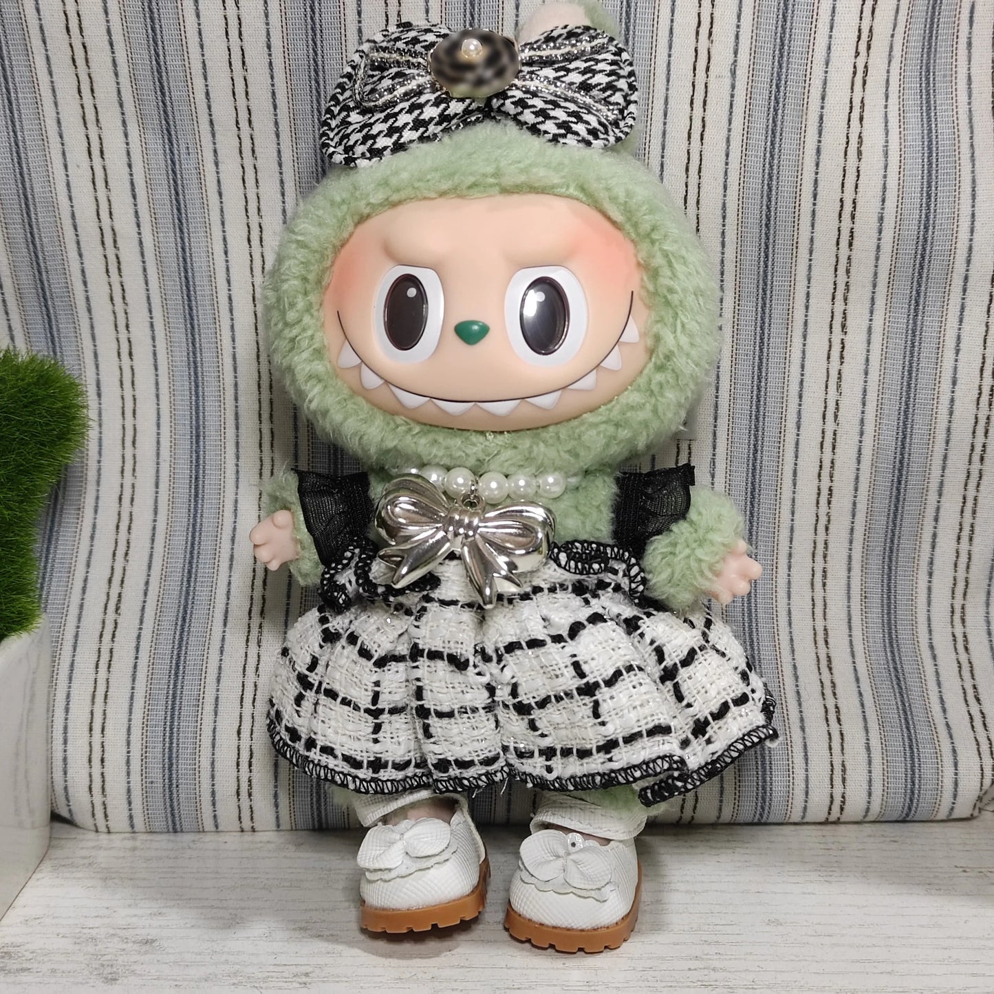 Doll Clothes Labubu Clothes Designer Black and White Plaid Dress Bow Set DIY Labubu Accessories Ropa Labubu