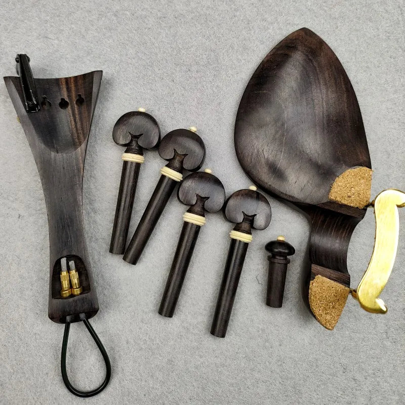 1 Set 4/4 Natural Color Ebony Violin Accessories Fiddle Pegs+Chin Rest+Tailpiece+Endpin+Finetuner+bracket