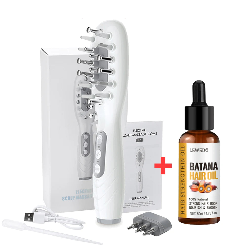 Electric Scalp Massage Comb + Anti-Hair Loss Batana Oil Liquid Applicator LED Light Therapy EMS Vibration Head Massager Brush