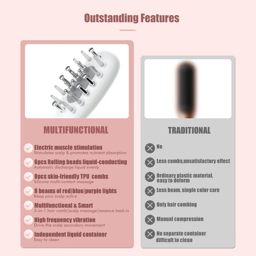 Electric Scalp Massage Comb + Anti-Hair Loss Batana Oil Liquid Applicator LED Light Therapy EMS Vibration Head Massager Brush
