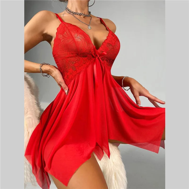 Sexy Lingerie Women Black Sleepwear Pajamas See Through Dress Sexiest Nighties Sex Nightgown Erotic Deep V Sleepdress Thong Set