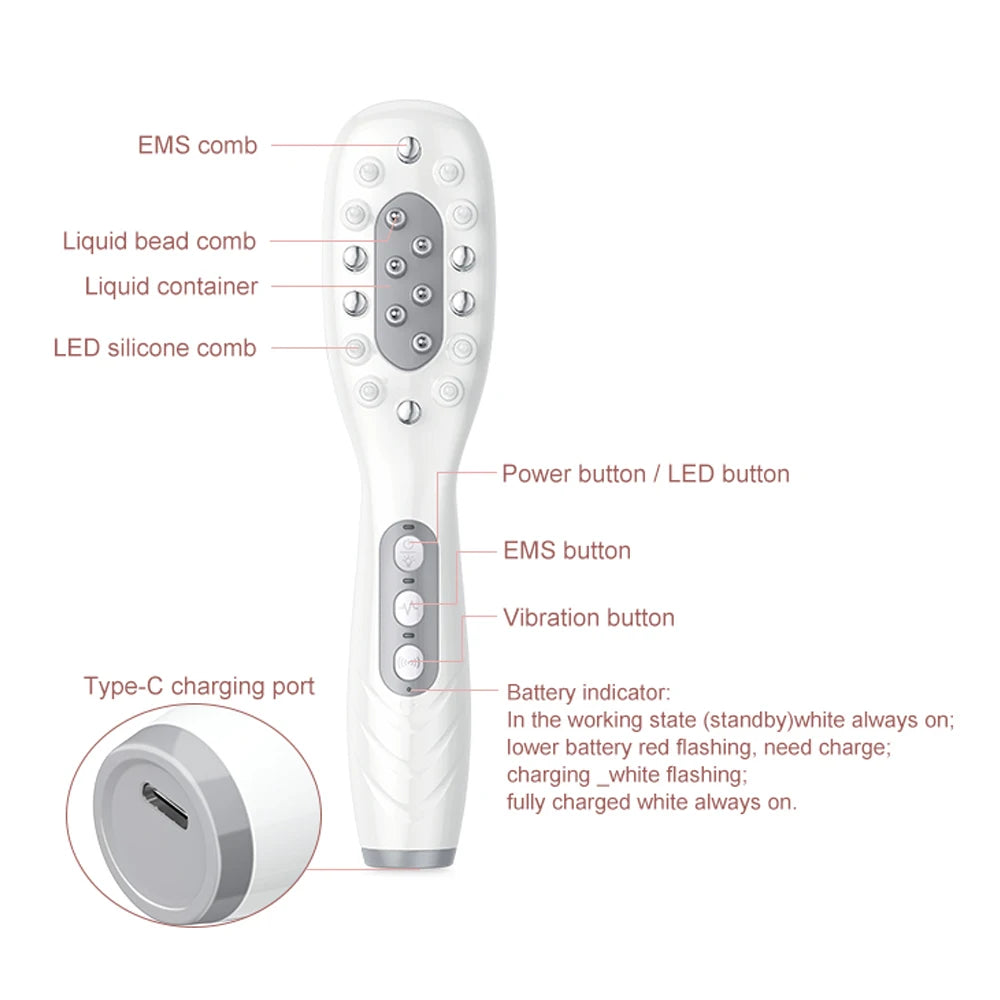Electric Scalp Massage Comb + Anti-Hair Loss Batana Oil Liquid Applicator LED Light Therapy EMS Vibration Head Massager Brush