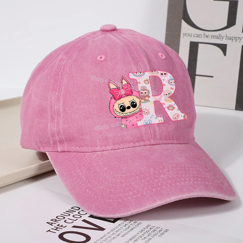 Labubu Baseball Cap for Women New Cute Labubu Letter A-Z Sun Hat Outdoor Sport Travel Sunbonnet Adult Fashion Headgear Gift