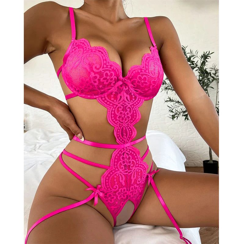 Sexy Crotchless Lingerie Women Lace Hollow Bodysuit Exotic Pajamas Teddy Babydoll Dress Deep V Open Bra Porno Underwear Set