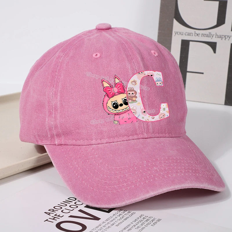 Labubu Baseball Cap for Women New Cute Labubu Letter A-Z Sun Hat Outdoor Sport Travel Sunbonnet Adult Fashion Headgear Gift