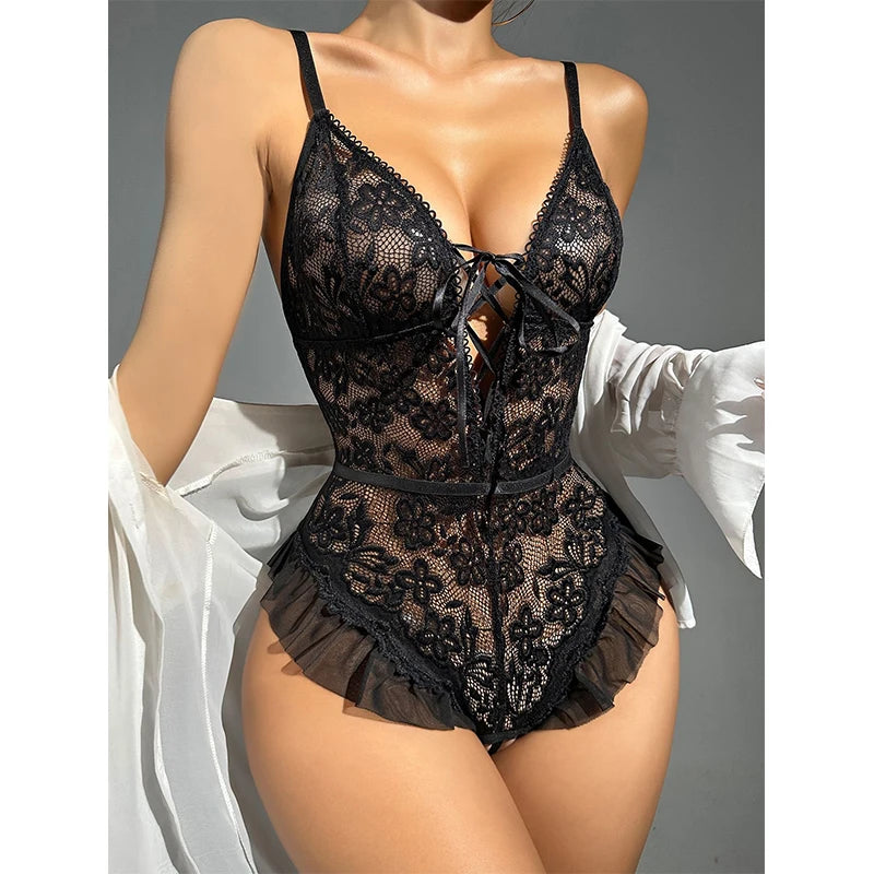 Sexy Crotchless Lingerie Women Lace Hollow Bodysuit Exotic Pajamas Teddy Babydoll Dress Deep V Open Bra Porno Underwear Set