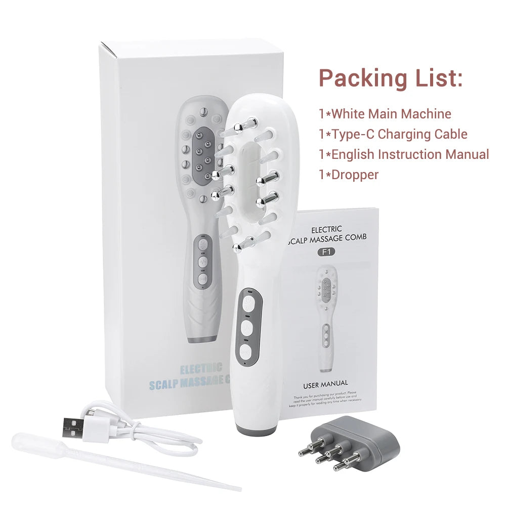 Electric Scalp Massage Comb + Anti-Hair Loss Batana Oil Liquid Applicator LED Light Therapy EMS Vibration Head Massager Brush
