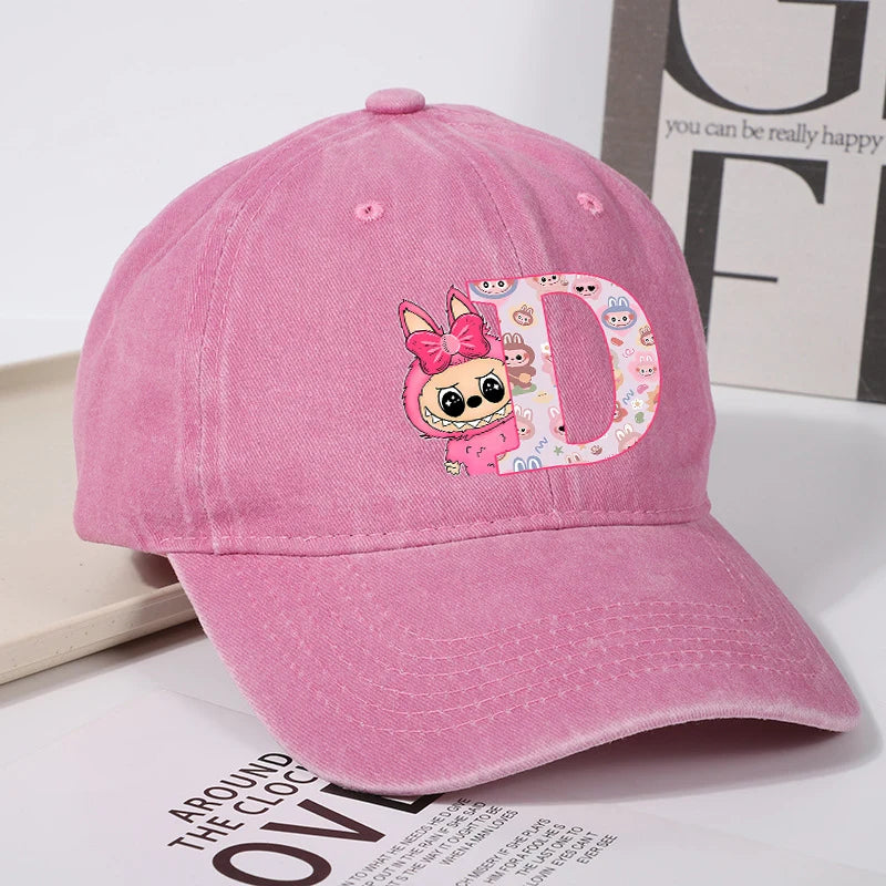 Labubu Baseball Cap for Women New Cute Labubu Letter A-Z Sun Hat Outdoor Sport Travel Sunbonnet Adult Fashion Headgear Gift