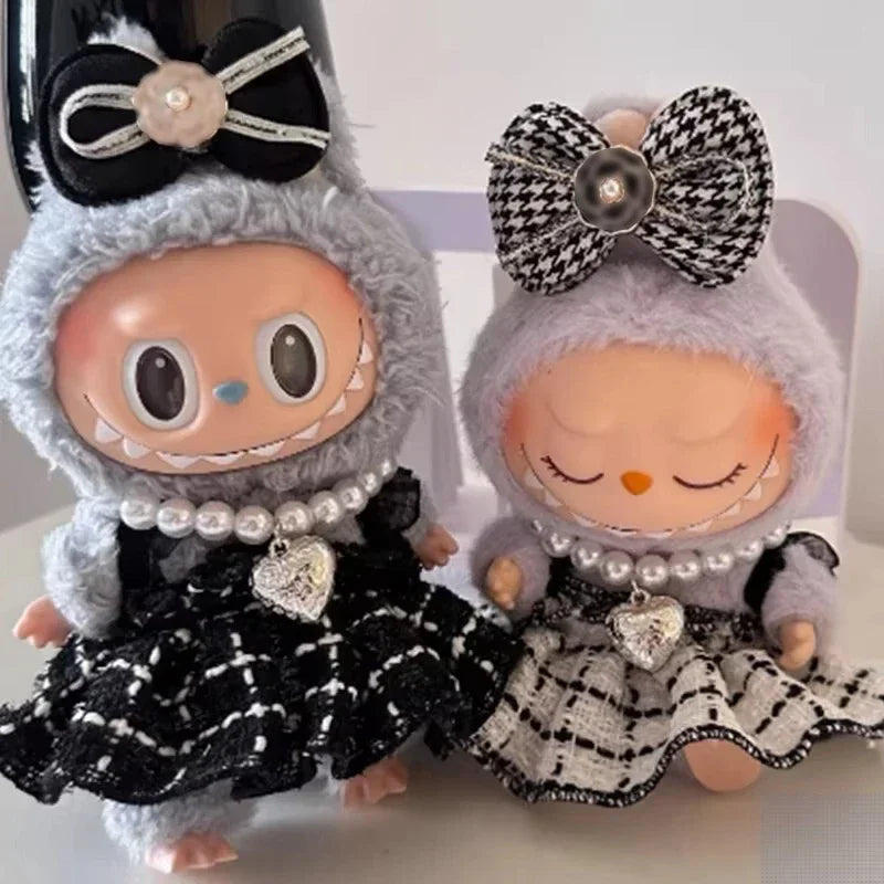 Doll Clothes Labubu Clothes Designer Black and White Plaid Dress Bow Set DIY Labubu Accessories Ropa Labubu