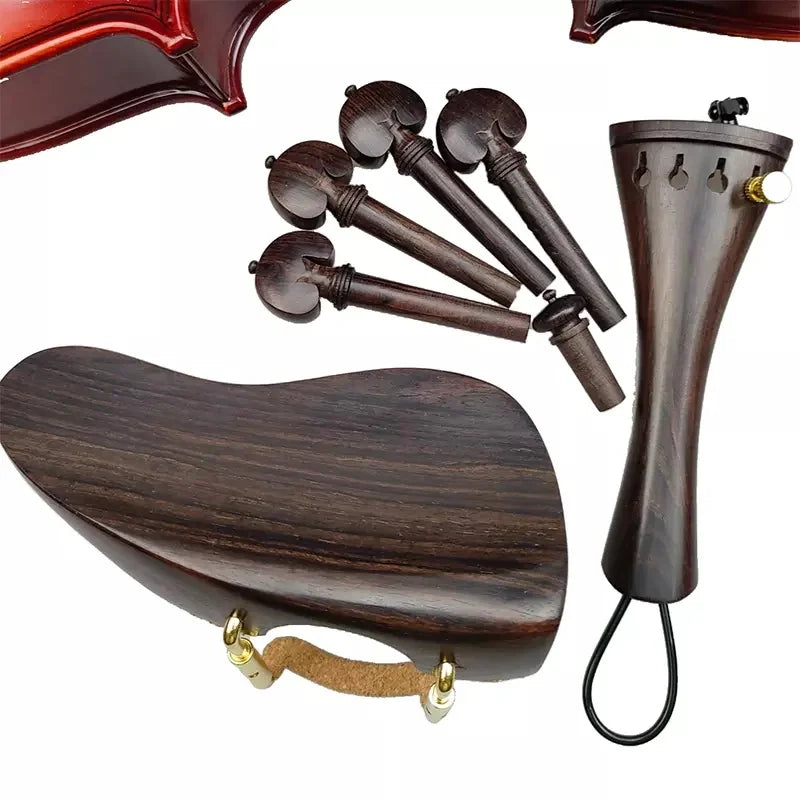 1 Set 4/4 Natural Color Ebony Violin Accessories Fiddle Pegs+Chin Rest+Tailpiece+Endpin+Finetuner+bracket