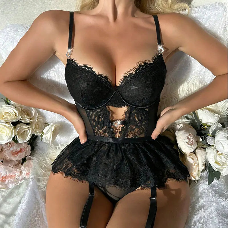 Sexy Crotchless Lingerie Women Lace Hollow Bodysuit Exotic Pajamas Teddy Babydoll Dress Deep V Open Bra Porno Underwear Set