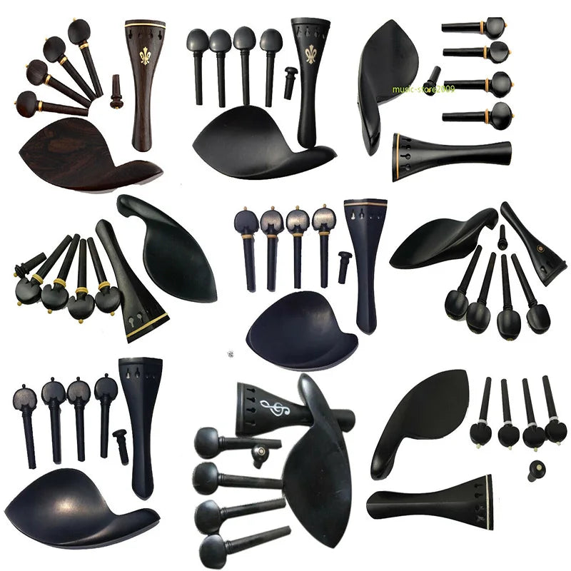 1 Set 4/4 Natural Color Ebony Violin Accessories Fiddle Pegs+Chin Rest+Tailpiece+Endpin+Finetuner+bracket