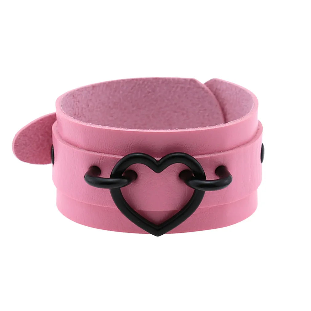Punk Goth Double Layer PU Leather Wrist Bracelet Black Heart Buckle Anime Sexy Bondage Bangles