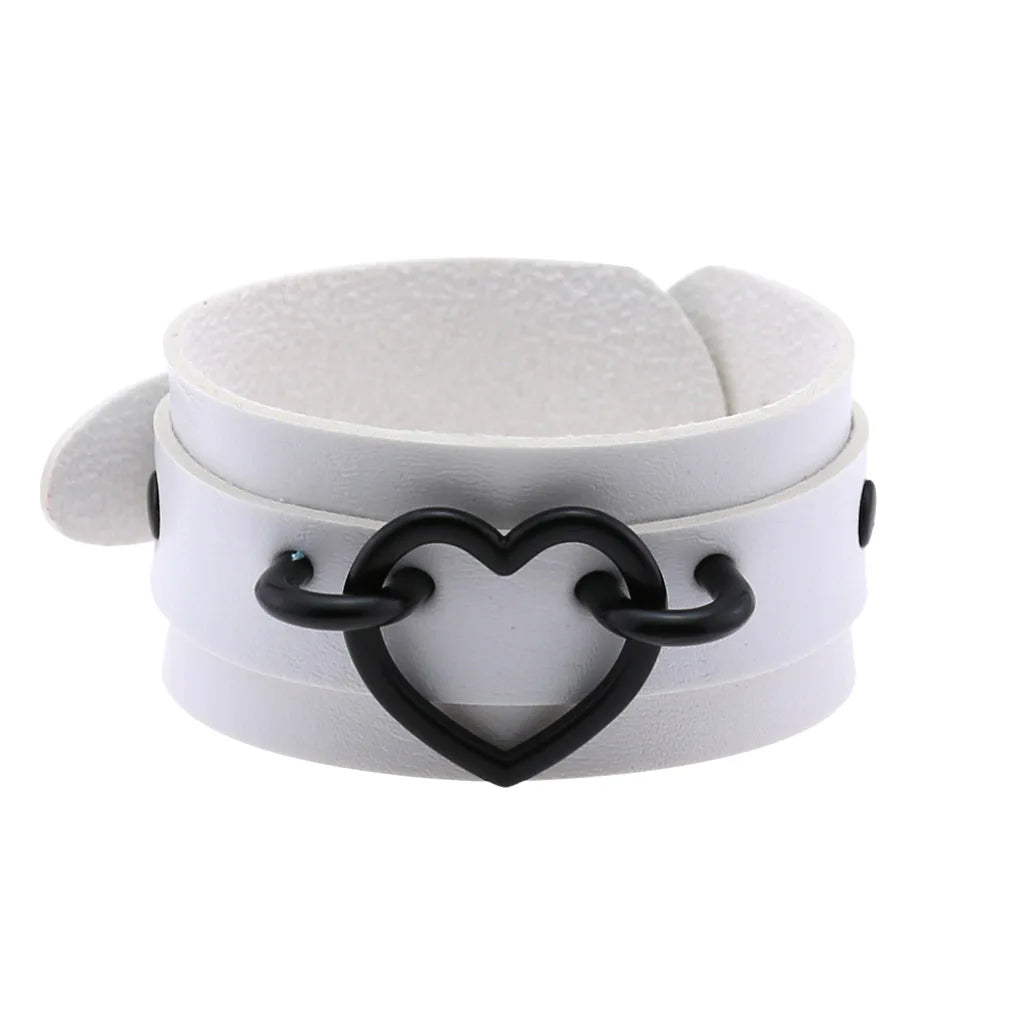 Punk Goth Double Layer PU Leather Wrist Bracelet Black Heart Buckle Anime Sexy Bondage Bangles