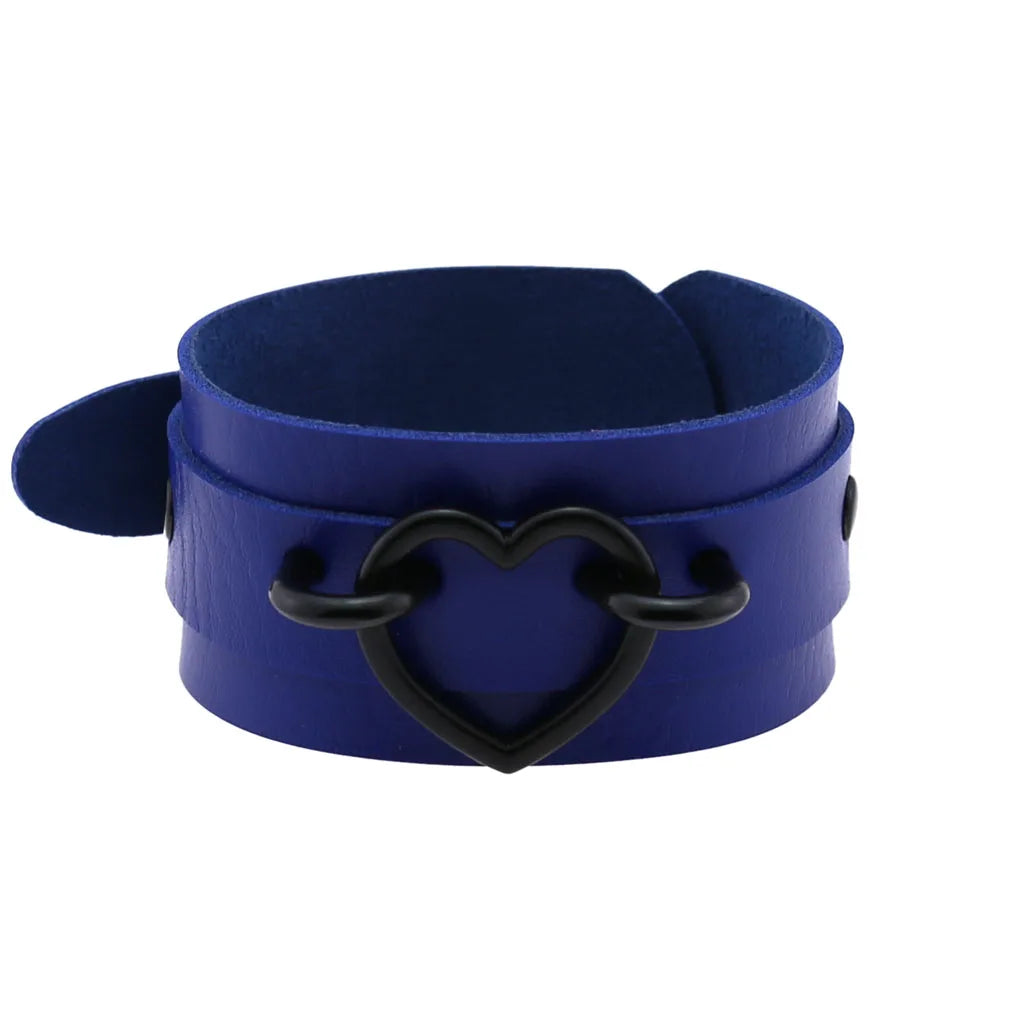 Punk Goth Double Layer PU Leather Wrist Bracelet Black Heart Buckle Anime Sexy Bondage Bangles