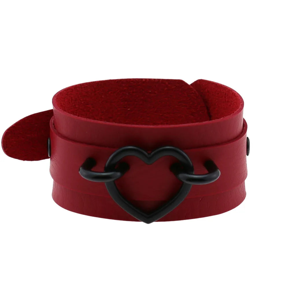 Punk Goth Double Layer PU Leather Wrist Bracelet Black Heart Buckle Anime Sexy Bondage Bangles