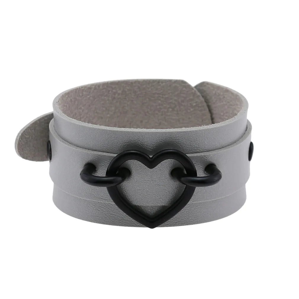 Punk Goth Double Layer PU Leather Wrist Bracelet Black Heart Buckle Anime Sexy Bondage Bangles