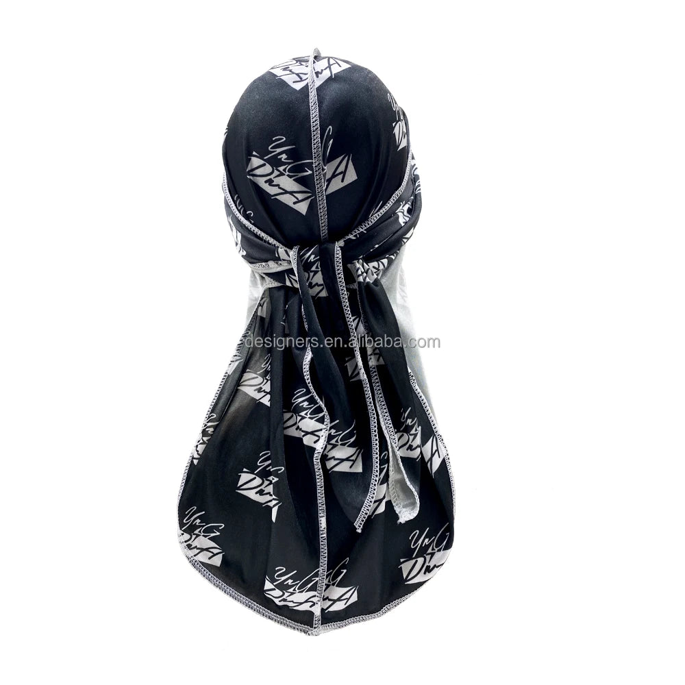 Customized Silk Satin Velvet Designer Silky for Men Women Shining Polyester Custom logo Turban Rag  Anime Durag for Men