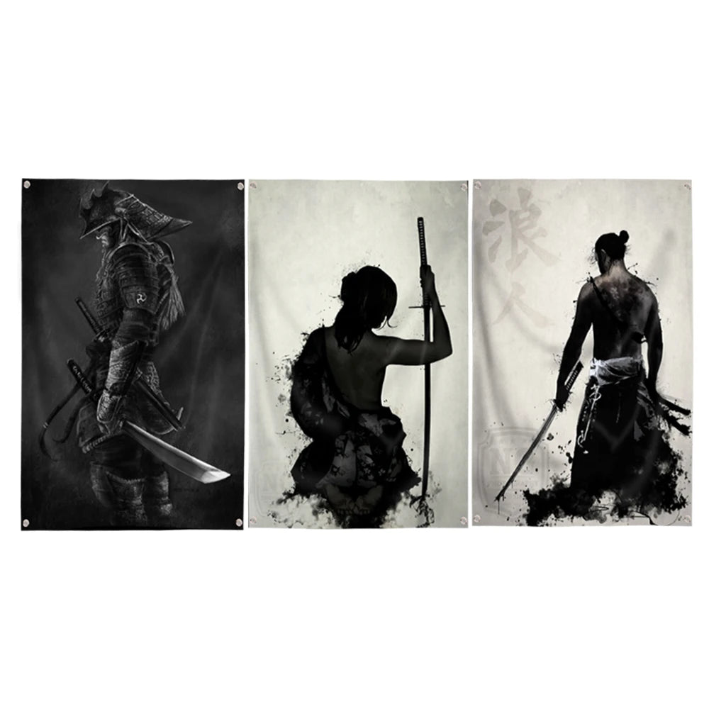 Japanese Samurai Painting Japan Style Flag Wall Art Anime Modular Poster for Home Decor 4 Grommets Polyester Banner 3x5FT Flags