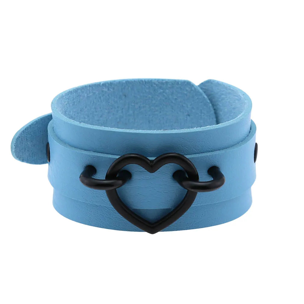 Punk Goth Double Layer PU Leather Wrist Bracelet Black Heart Buckle Anime Sexy Bondage Bangles
