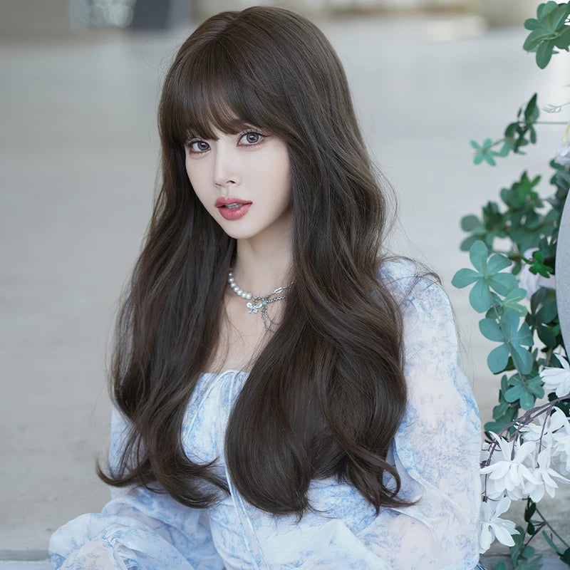 Long Wavy Natural Brown Wig with Bangs for Women Heat Resistant Synthetic Hair Wigs Artificial Hair Fiber Pelucas Anime