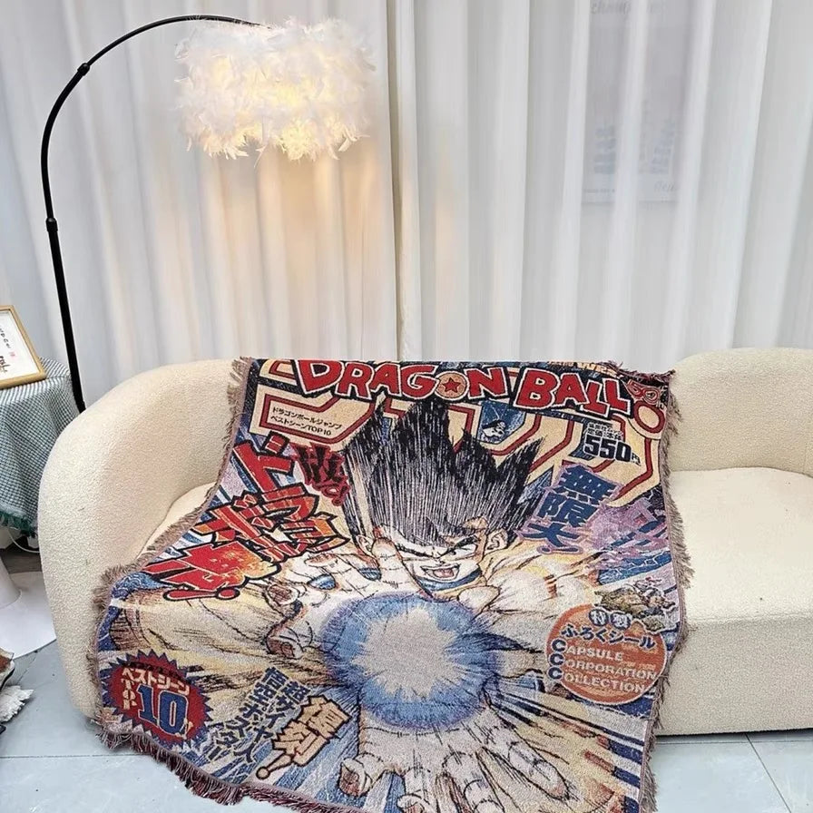 Custom Anime Jacquard Woven Throw With Tassel Recycled Cotton Outdoor Picnic Tapestry Blanket