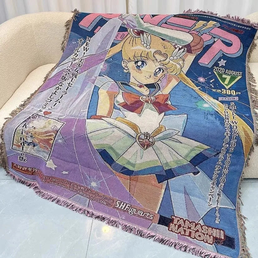 Custom Anime Jacquard Woven Throw With Tassel Recycled Cotton Outdoor Picnic Tapestry Blanket