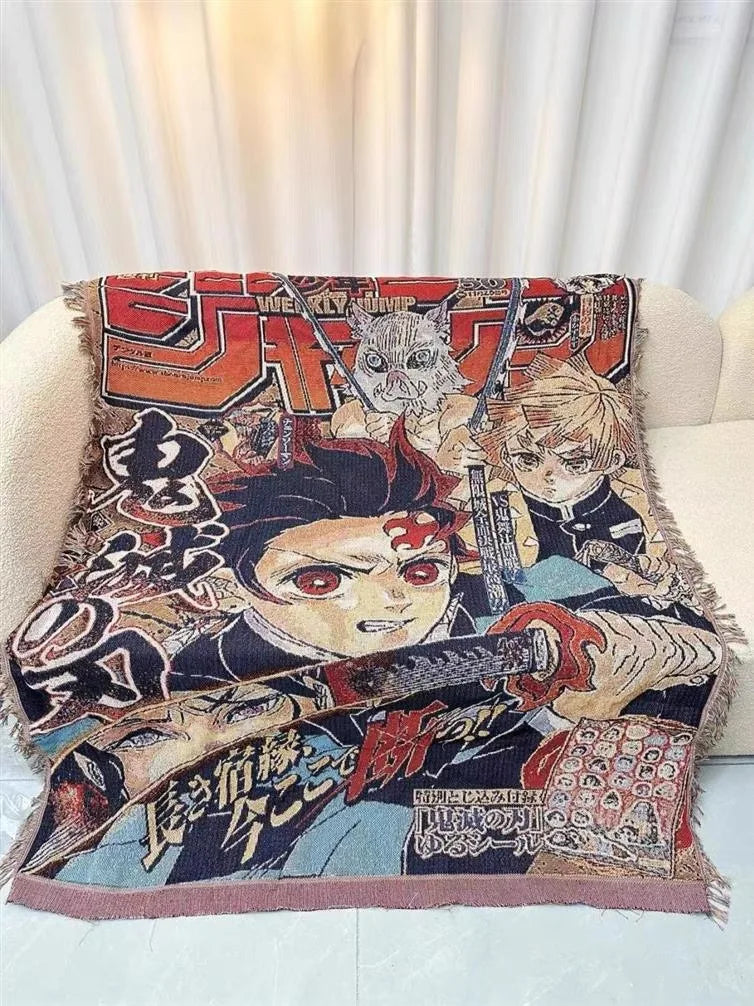 Custom Anime Jacquard Woven Throw With Tassel Recycled Cotton Outdoor Picnic Tapestry Blanket