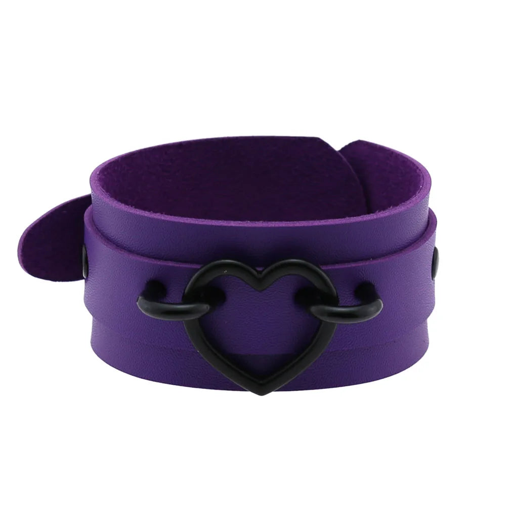 Punk Goth Double Layer PU Leather Wrist Bracelet Black Heart Buckle Anime Sexy Bondage Bangles