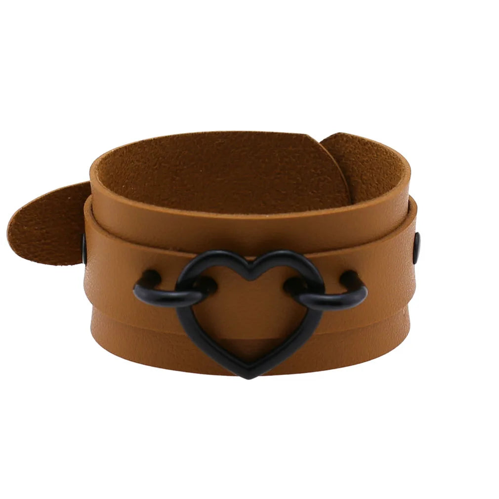 Punk Goth Double Layer PU Leather Wrist Bracelet Black Heart Buckle Anime Sexy Bondage Bangles