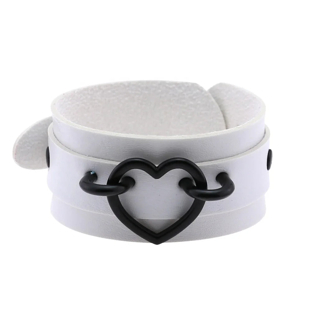 Punk Goth Double Layer PU Leather Wrist Bracelet Black Heart Buckle Anime Sexy Bondage Bangles