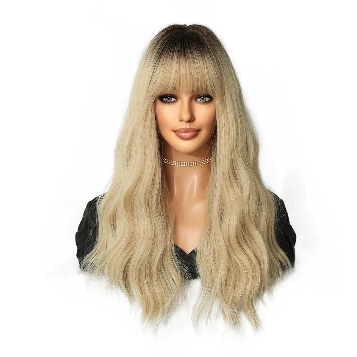 Ombre Blonde Wig Long Curly Heat Resistant Synthetic Hair Wig for Women White Curly Water Wavy Hair Wig With Bang Pelucas Anime