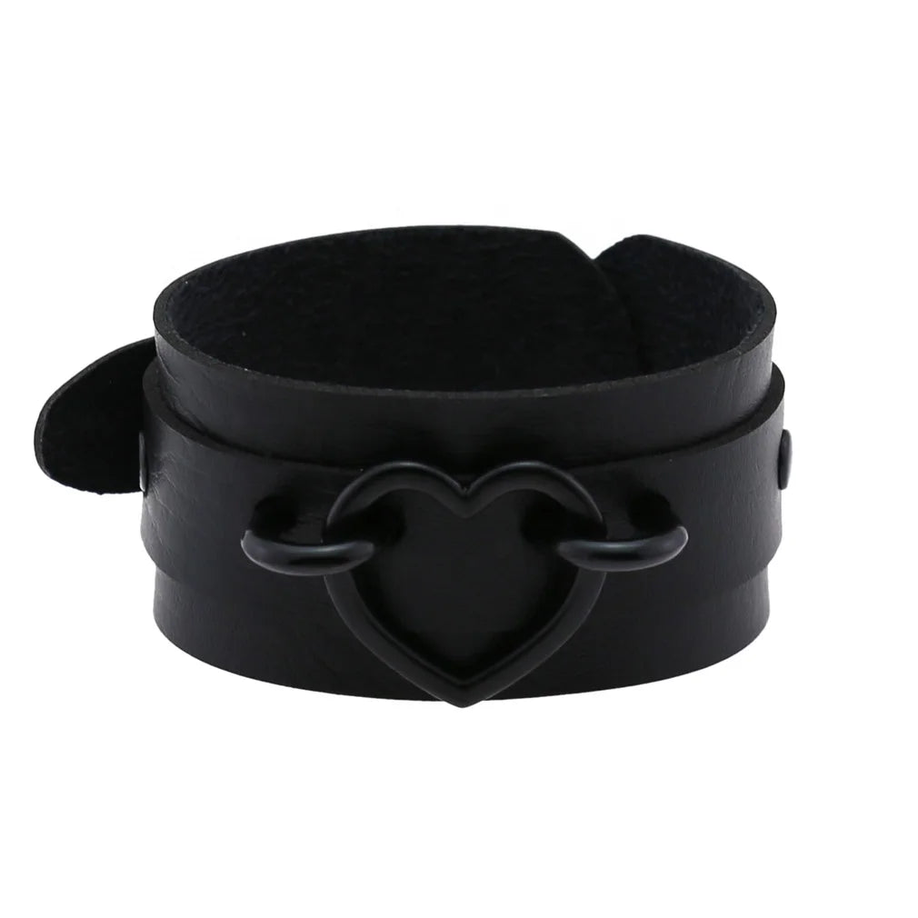 Punk Goth Double Layer PU Leather Wrist Bracelet Black Heart Buckle Anime Sexy Bondage Bangles