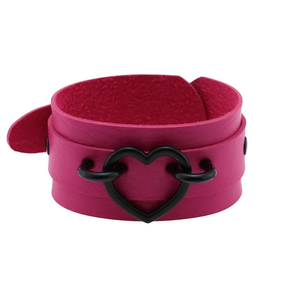 Punk Goth Double Layer PU Leather Wrist Bracelet Black Heart Buckle Anime Sexy Bondage Bangles