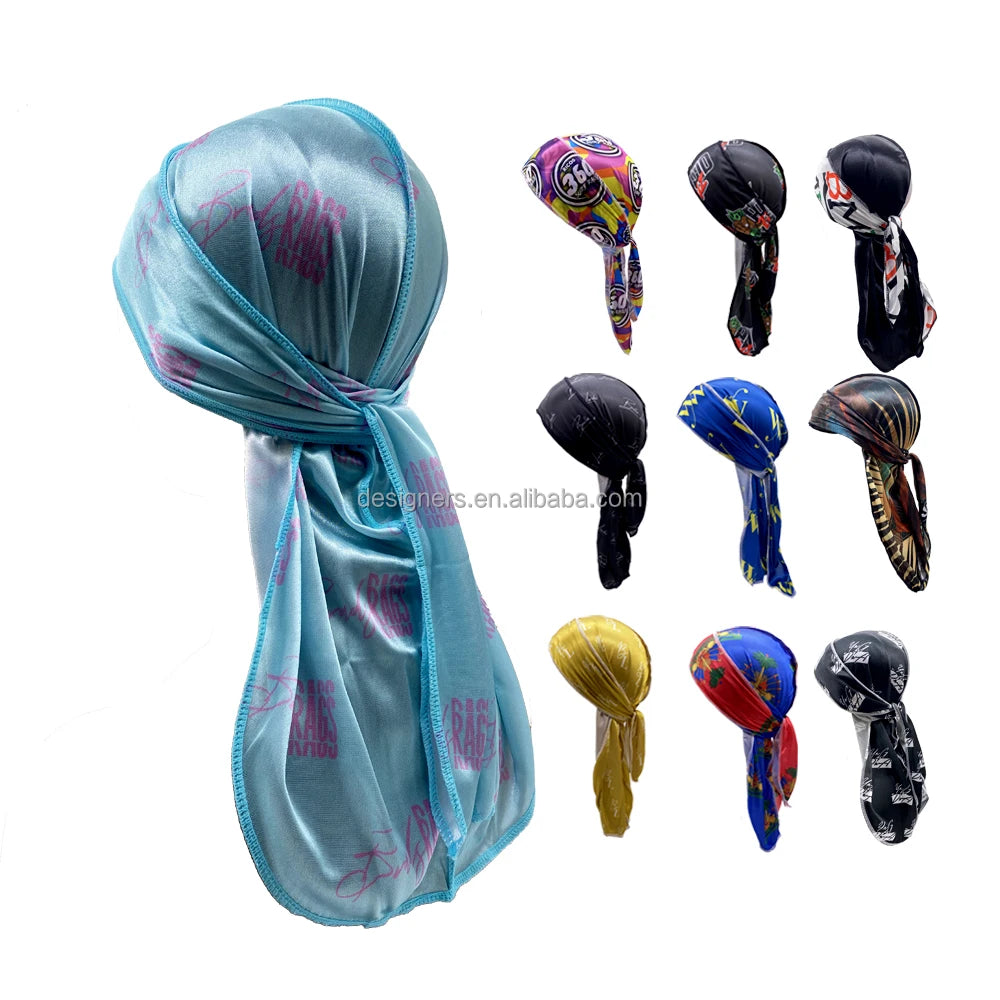 Customized Silk Satin Velvet Designer Silky for Men Women Shining Polyester Custom logo Turban Rag  Anime Durag for Men