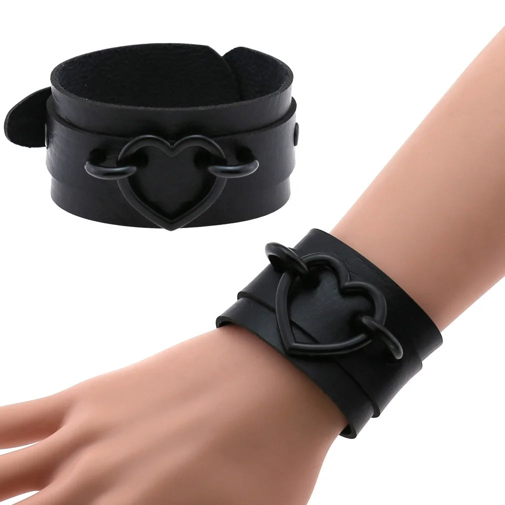 Punk Goth Double Layer PU Leather Wrist Bracelet Black Heart Buckle Anime Sexy Bondage Bangles