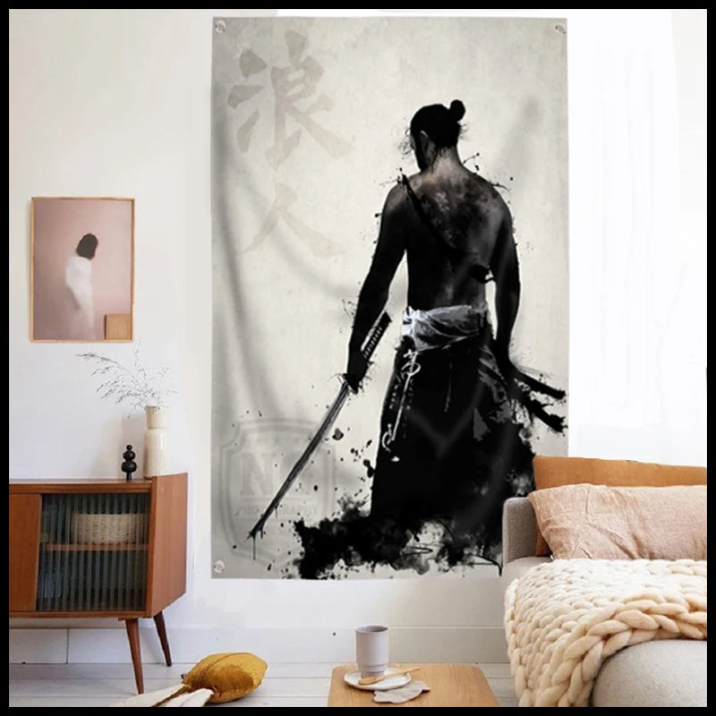 Japanese Samurai Painting Japan Style Flag Wall Art Anime Modular Poster for Home Decor 4 Grommets Polyester Banner 3x5FT Flags