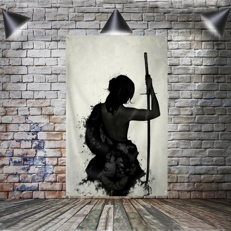 Japanese Samurai Painting Japan Style Flag Wall Art Anime Modular Poster for Home Decor 4 Grommets Polyester Banner 3x5FT Flags