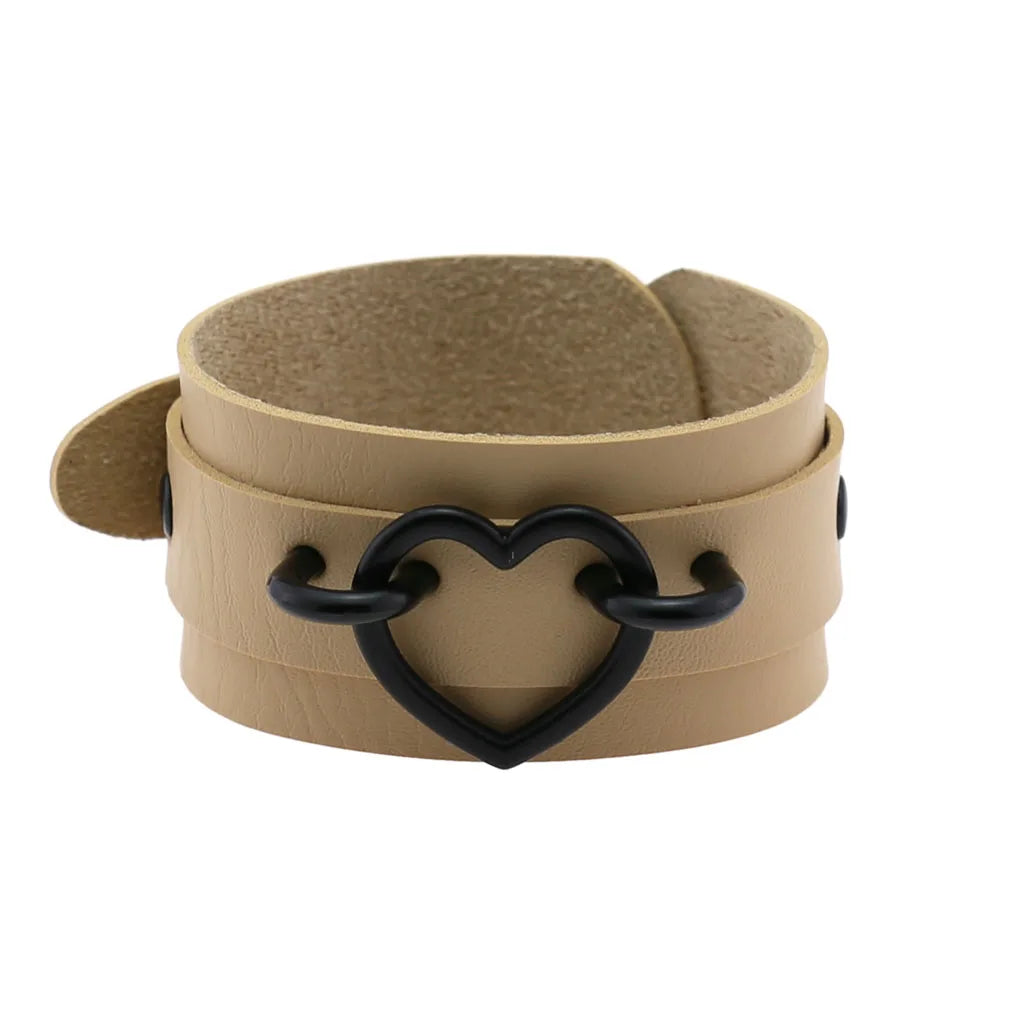 Punk Goth Double Layer PU Leather Wrist Bracelet Black Heart Buckle Anime Sexy Bondage Bangles
