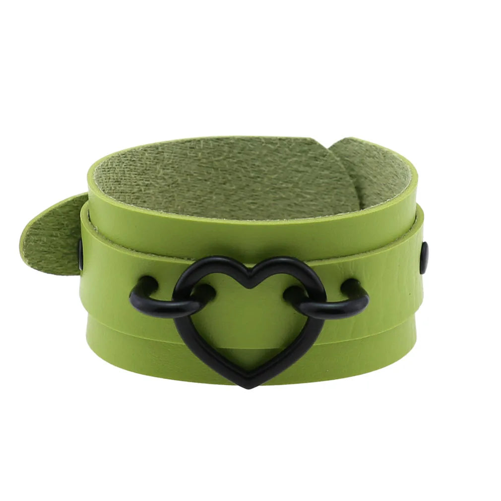 Punk Goth Double Layer PU Leather Wrist Bracelet Black Heart Buckle Anime Sexy Bondage Bangles