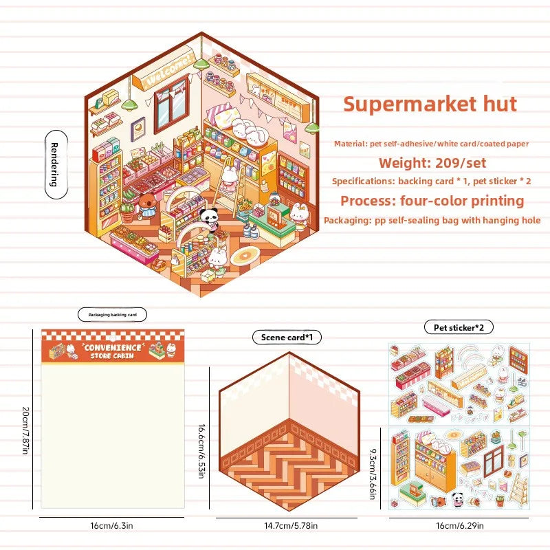 3 Per Pack Cute Fairy Tale Scenic Cottage Anime 3D Paper Stickers with Die Cut Glossy Finish-Miniature Three-dimensional Scenes