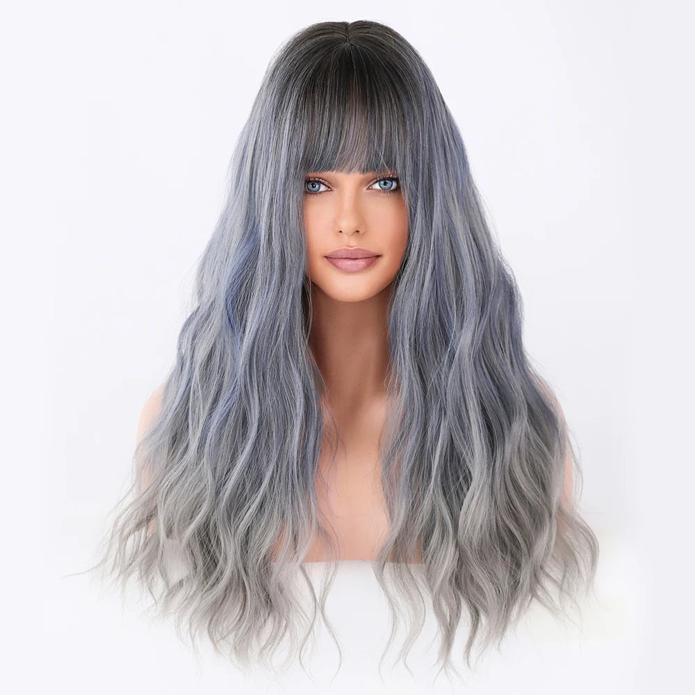 Ombre Blonde Wig Long Curly Heat Resistant Synthetic Hair Wig for Women White Curly Water Wavy Hair Wig With Bang Pelucas Anime