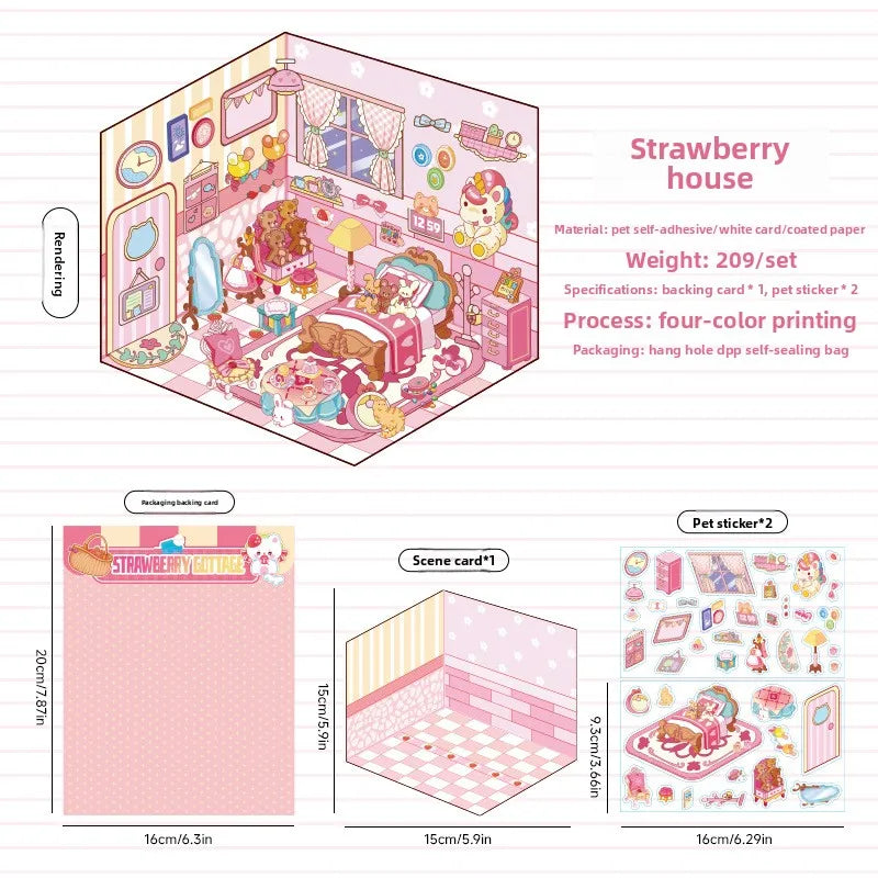 3 Per Pack Cute Fairy Tale Scenic Cottage Anime 3D Paper Stickers with Die Cut Glossy Finish-Miniature Three-dimensional Scenes