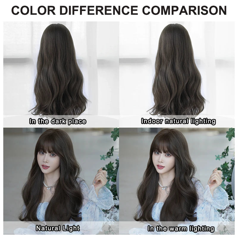 Long Wavy Natural Brown Wig with Bangs for Women Heat Resistant Synthetic Hair Wigs Artificial Hair Fiber Pelucas Anime