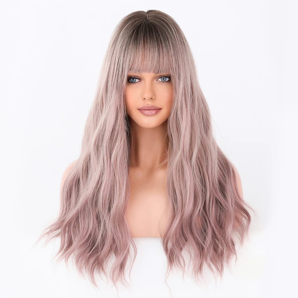 Ombre Blonde Wig Long Curly Heat Resistant Synthetic Hair Wig for Women White Curly Water Wavy Hair Wig With Bang Pelucas Anime
