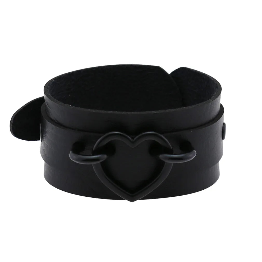 Punk Goth Double Layer PU Leather Wrist Bracelet Black Heart Buckle Anime Sexy Bondage Bangles